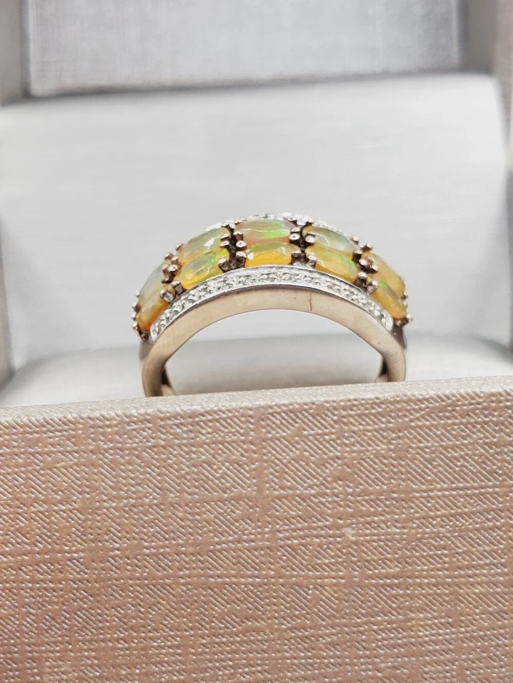 Double Row Genuine Opal Band Ring - Yellow Gold - 925 Sterling Silver